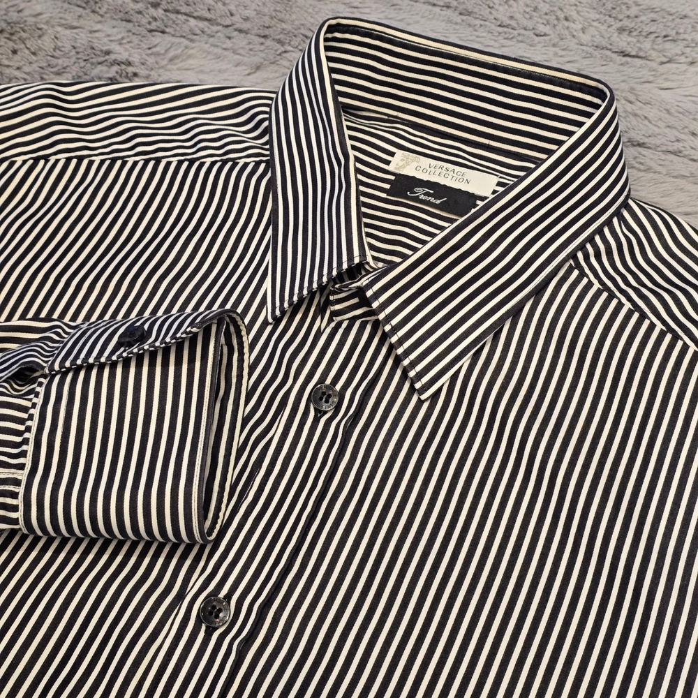 Versace Collection Trend Mens Striped Button Down Shirt Black White 16/41